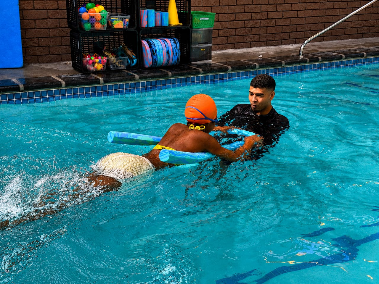 Instructor supporting a young swimmer on a pool noodle during a lesson