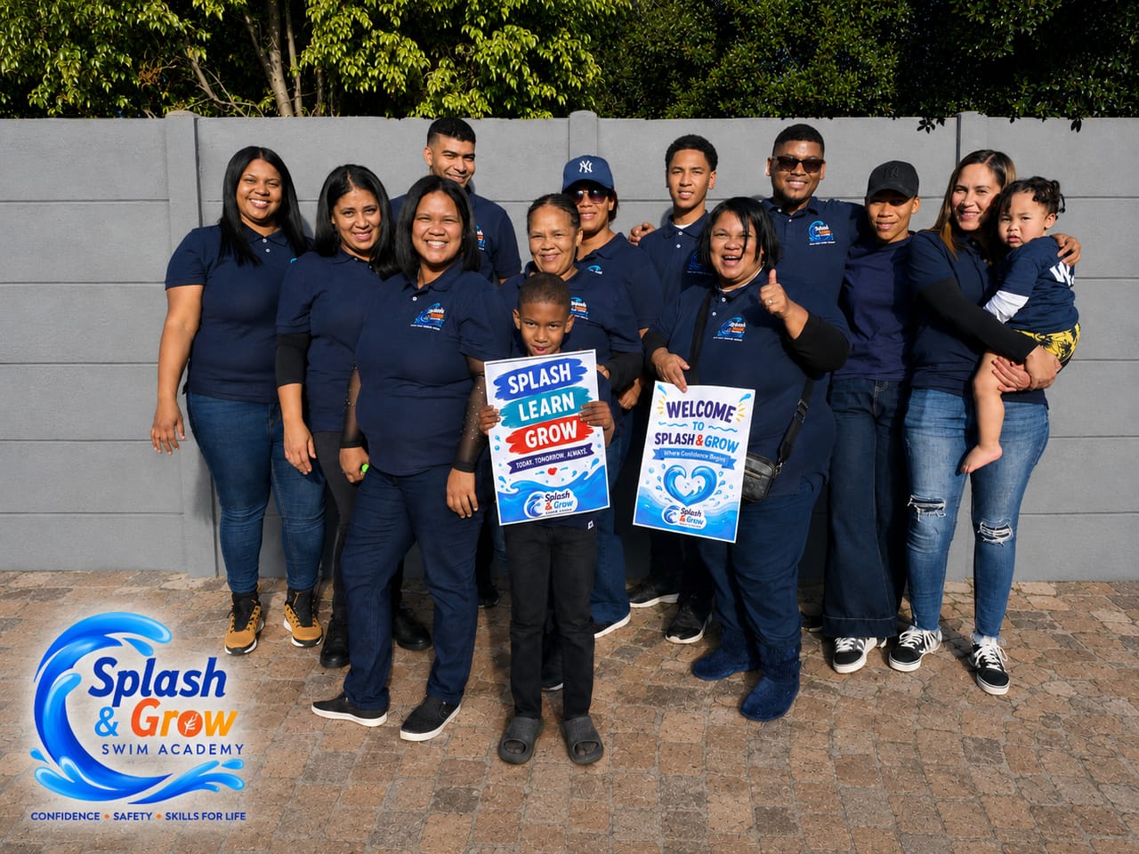 The Splash & Grow team and families at an open day event holding welcome signs