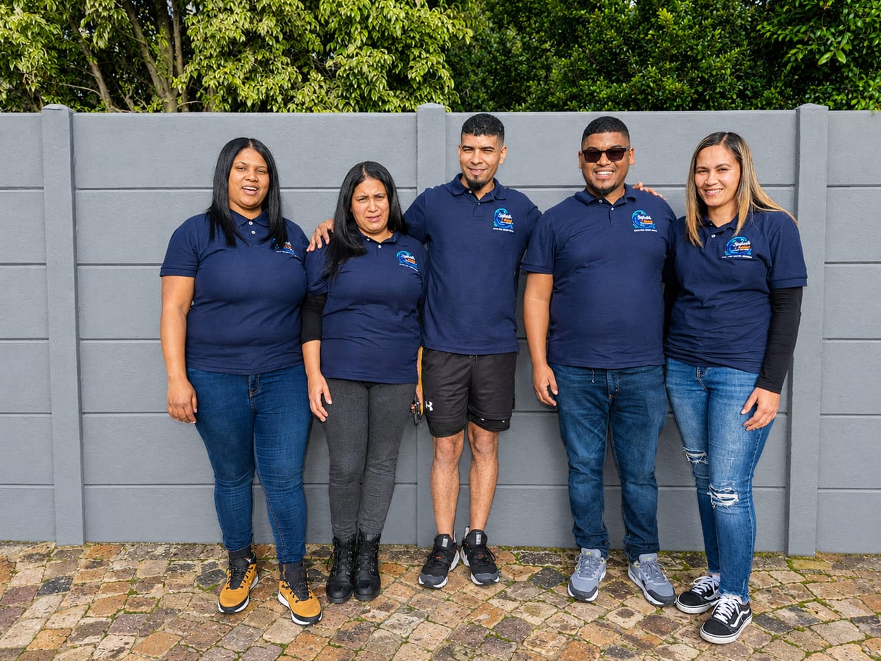 Five Splash & Grow swim instructors in branded navy polo shirts at the open day