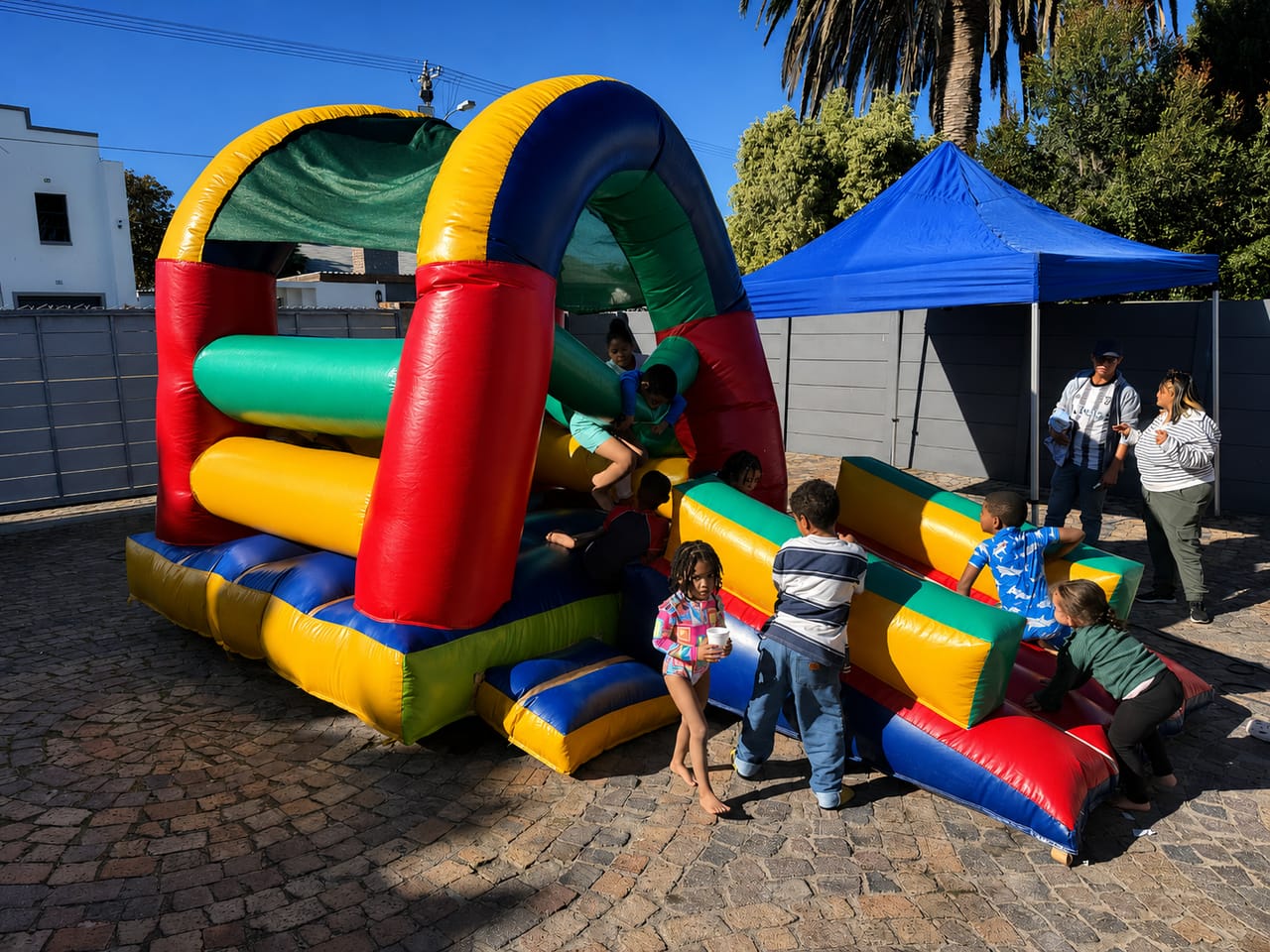 Children playing on a colourful inflatable bouncy castle at the Splash & Grow open day